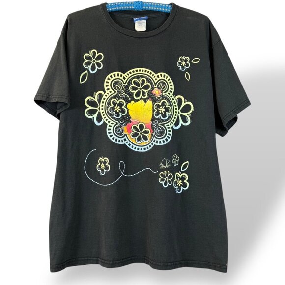 VTG 90s Disney Winnie The Pooh T-Shirt Sz XL Black Flower Butterfly Graphic Tee - Picture 1 of 11